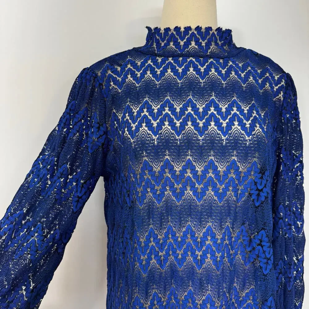 Free People Simone Lace Mini Dress Long Sleeve Zig Zag Cobalt Blue L No Slip